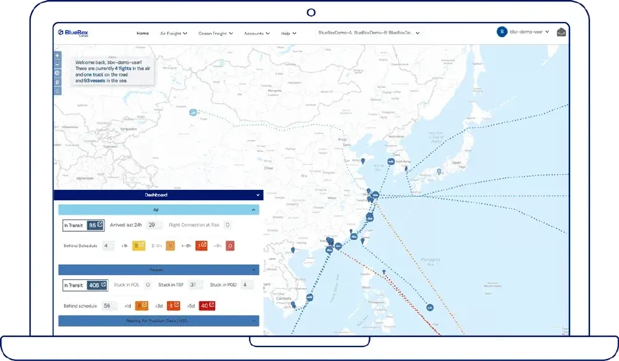 BlueBox Systems Dashboard – Echtzeit-Sendungsverfolgung