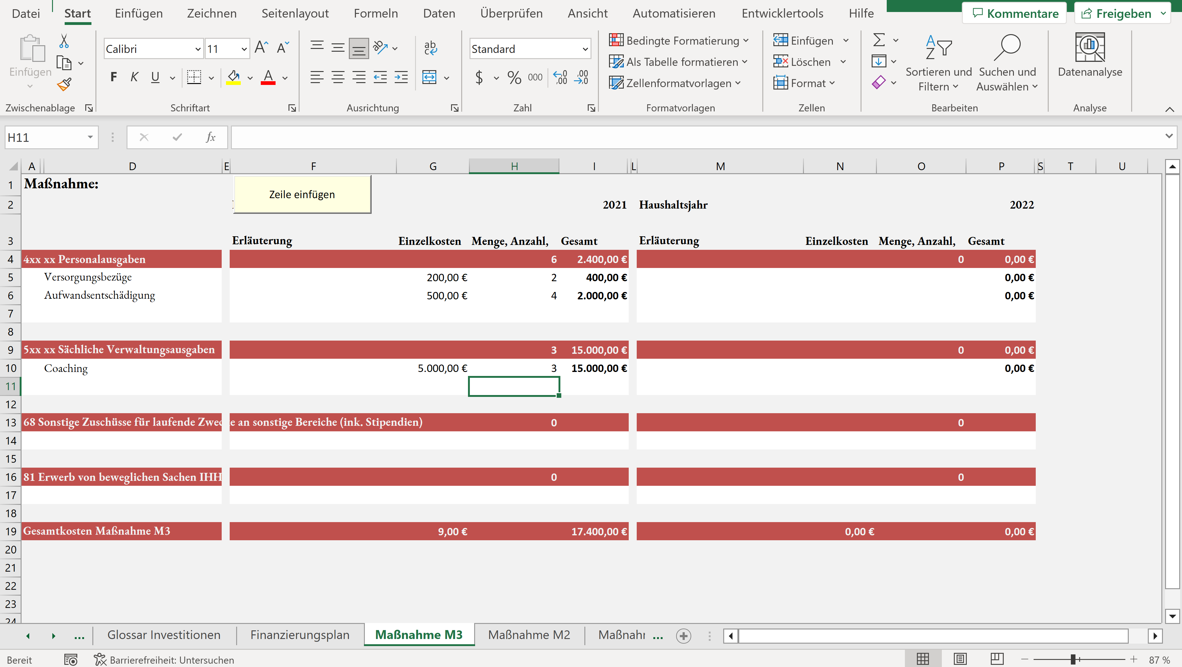 Kostenberechnung auf Excel-Basis